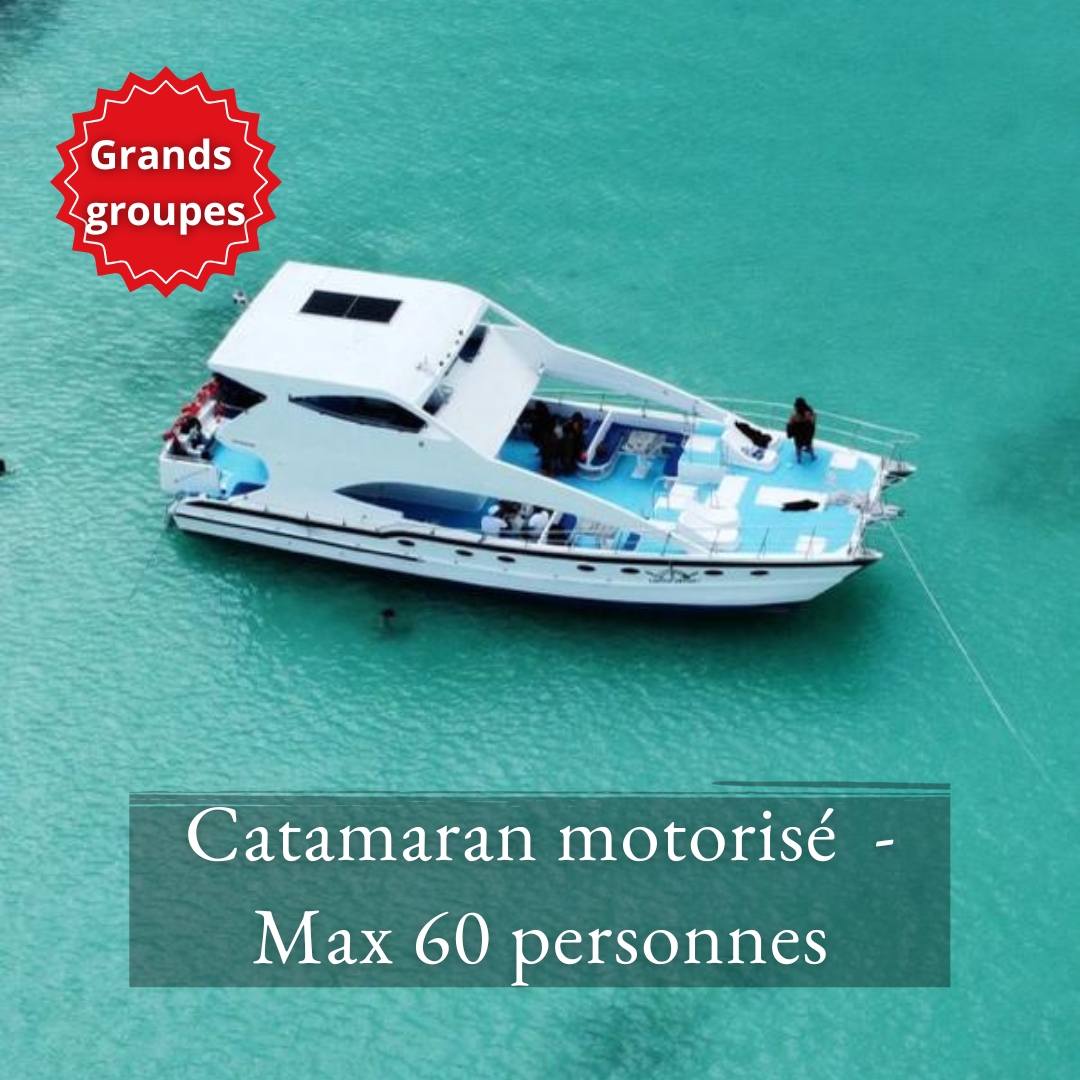 Catamaran motorisé pouvant accueillir des grands groupes allant jusqu'à 60 personnes, amarré sur la piscine naturelle de Las Palmillas