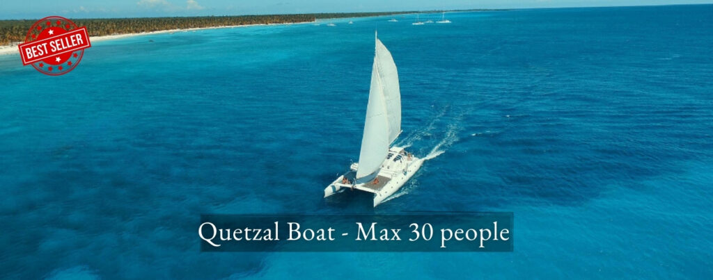 Luxury catamaran Quetzal sailing near Saona, private booking request for up to 30 people, best seller