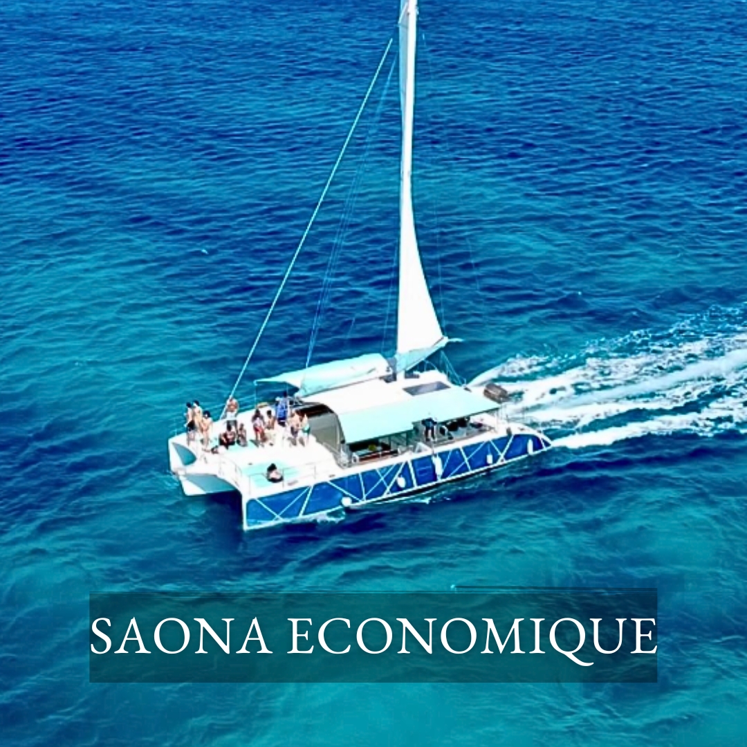Catamaran petit prix naviguant dans la mer des caraïbes pour une excursion à l'ile de Saona