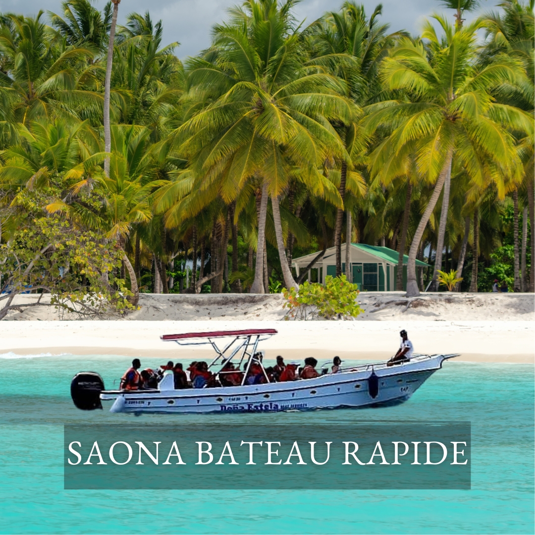 Arrivée bateau rapide à l'ile de saona avec ses passagers assis, au fond la plage de sable blanc et les palmiers