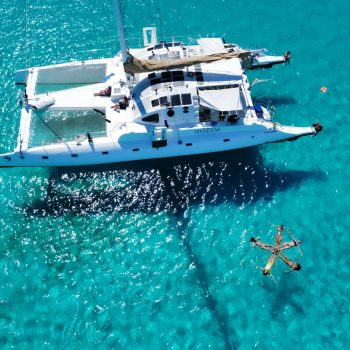 White catamaran floating above crystal-clear waters near Catalina Island, with a visible starfish below — part of the Quetzal Excursions experience