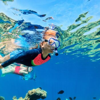 Traveler snorkeling in the clear waters of Saona Island, discovering tropical fish and coral reefs during the Saona Economical excursion by Quetzal Excursions
