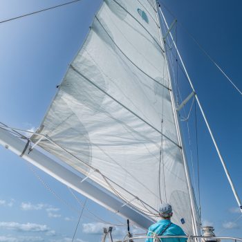 Close-up of white sails catching wind against a bright blue sky on a private cruise