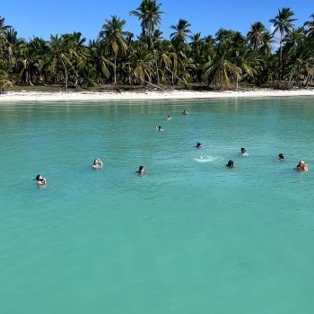 Travelers swimming and relaxing in the shallow turquoise waters of the natural pool at Las Palmillas — part of the Saona Economical tour by Quetzal Excursions